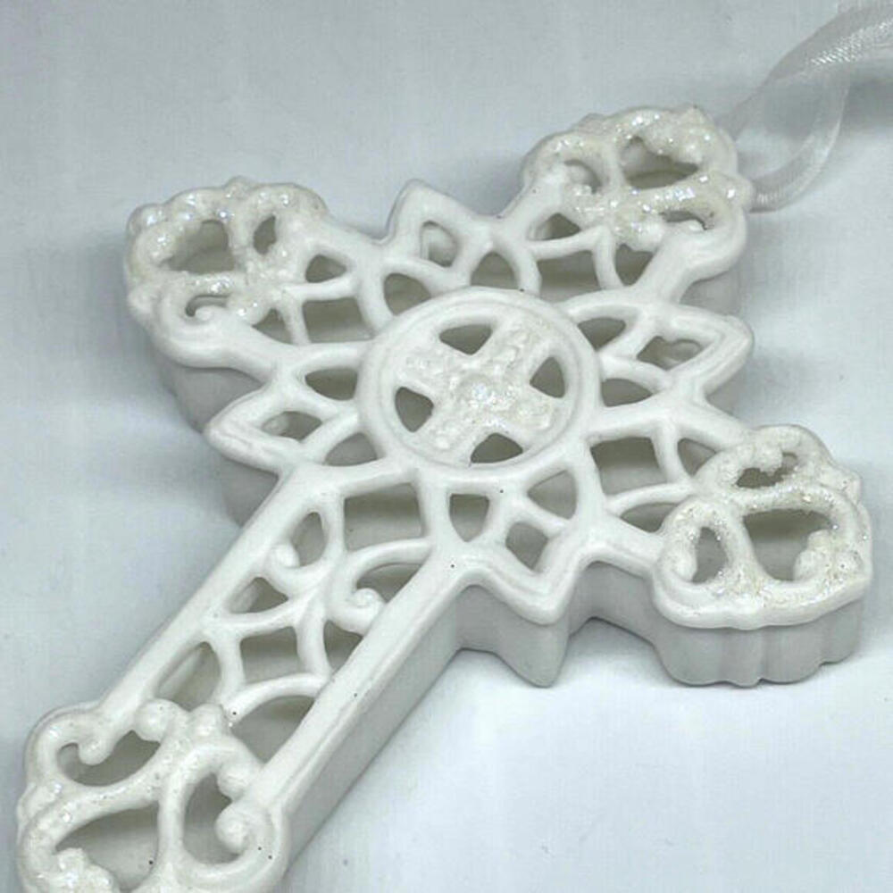 White Glitter Porcelain Cross 4.5"‎ Christmas Ornament Insert Light